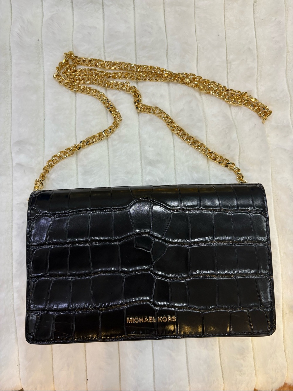 Michael Kors Black Croc-Embossed Leather Crossbody with Gold Chain